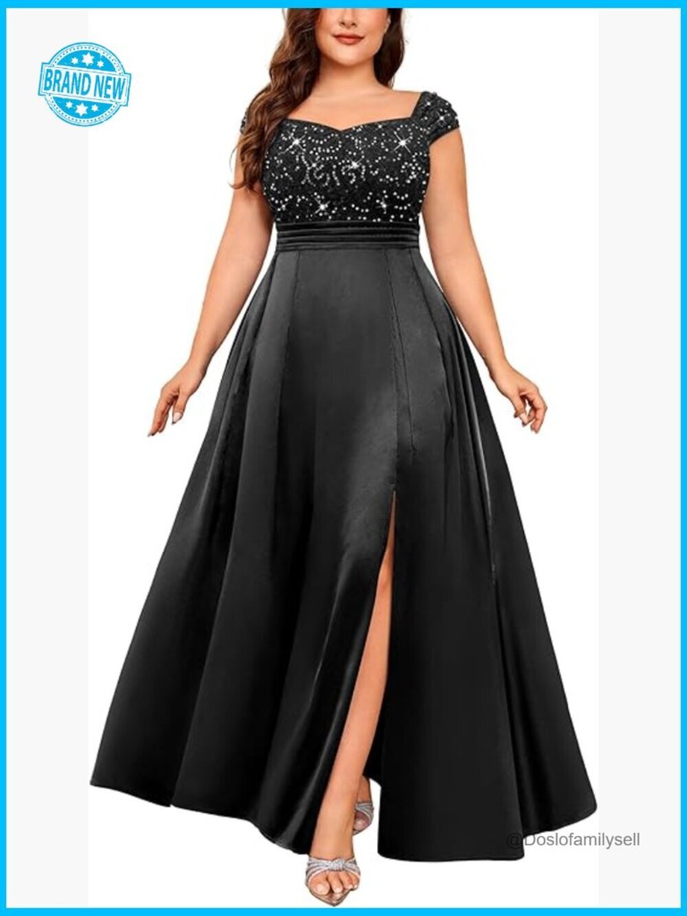 Sequin Lace Off Shoulder Satin Slit Formal Evening Gown Maxi Dress